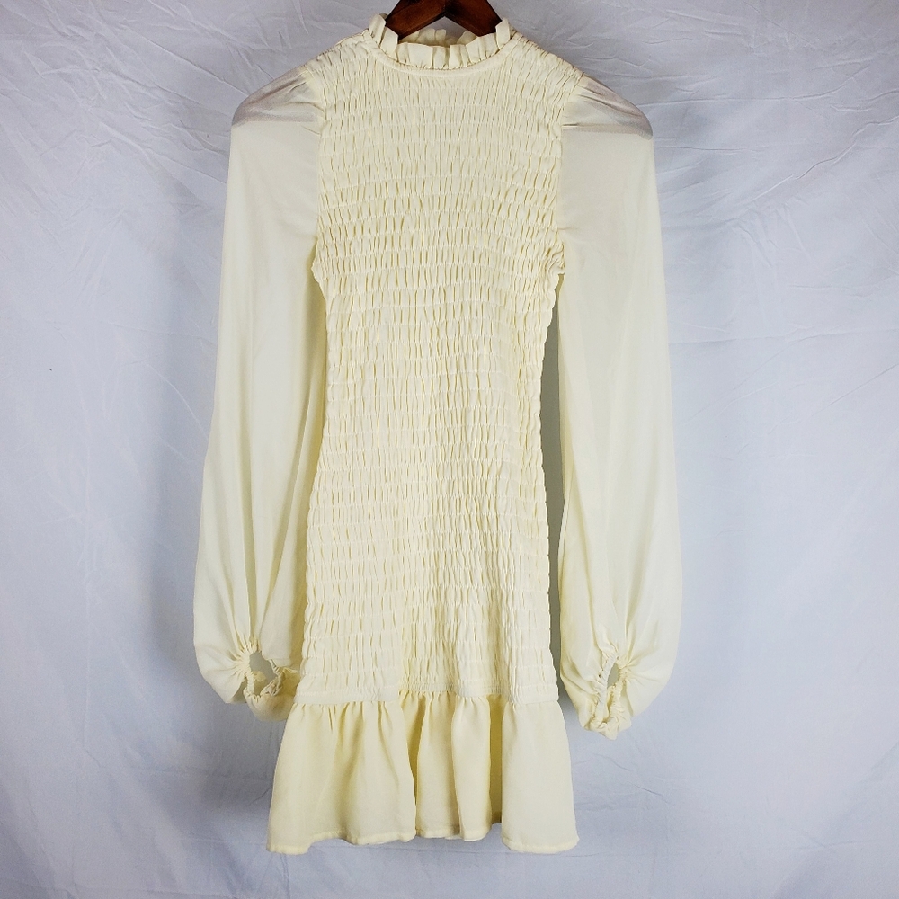 Hyfve Pastel Yellow Smocked Bodycon Mini Dress With Ballon Sleeves